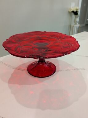 Mosser Glass Red Pedestal Cake Stand Pressed Glass Cambridge Ohio USA